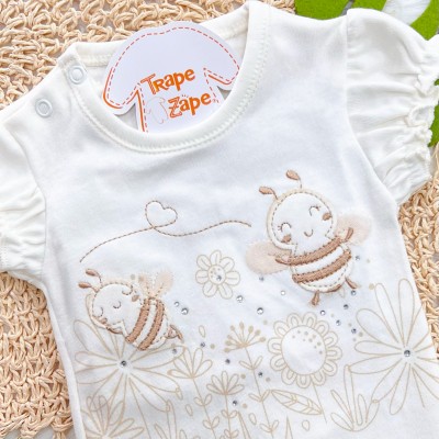 Kit 3 Peças - Bodys Manga Curta Abelha Fofa com Tule - Rosa, Off White e Rose